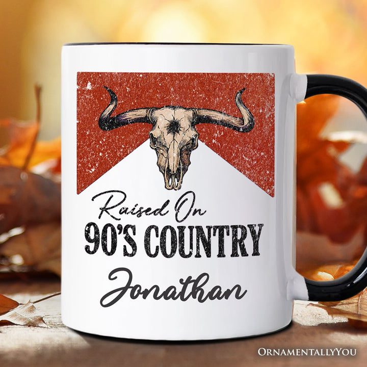 Raised On 90s Country Personalized Mug, Vintage Bull Skull Gift with Custom Name Personalized Ceramic Mug OrnamentallyYou Black Handle Customized 