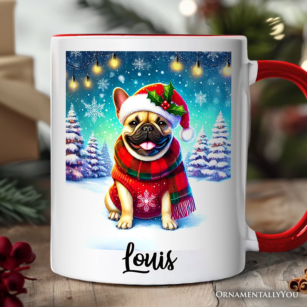 Frosty French Bulldog Personalized Mug, Charming Pup Magical Christmas Gift with Custom Name Personalized Ceramic Mug OrnamentallyYou White - Red Customized 