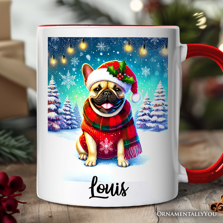 Frosty French Bulldog Personalized Mug, Charming Pup Magical Christmas Gift with Custom Name