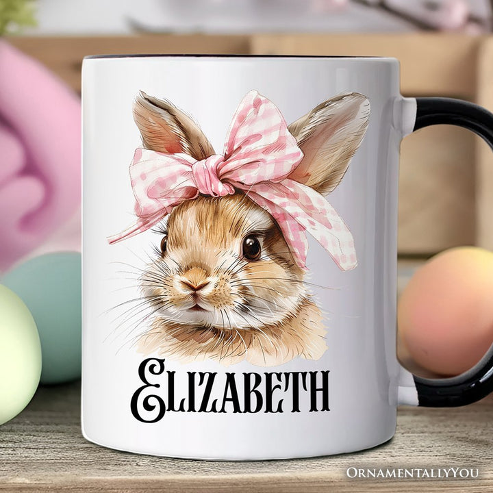 Easter Bunny Coquette Pink Bow Personalized Mug, Cute Watercolor Spring Gift with Custom Name Personalized Ceramic Mug OrnamentallyYou Black Handle Customized 