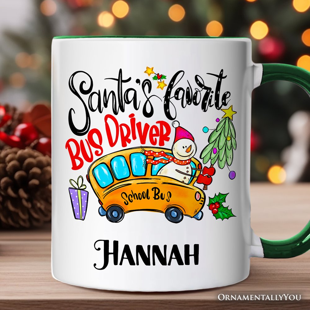 Santa’s Favorite School Bus Driver Personalized Mug, Appreciation Christmas Gift with Custom Name Personalized Ceramic Mug OrnamentallyYou White - Green Customized 