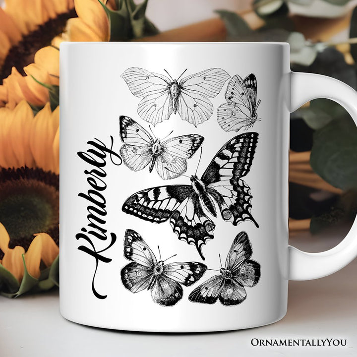 Vintage Butterfly Sketch Personalized Mug, Botanical Insect Art Nature Gift with Custom Name Personalized Ceramic Mug OrnamentallyYou White Customized 