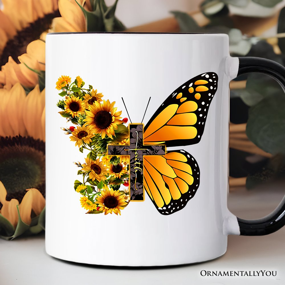 Faith Cross Butterfly Mug, Christian Sunflower Floral Gift Personalized Ceramic Mug OrnamentallyYou Black Handle Non-Custom 