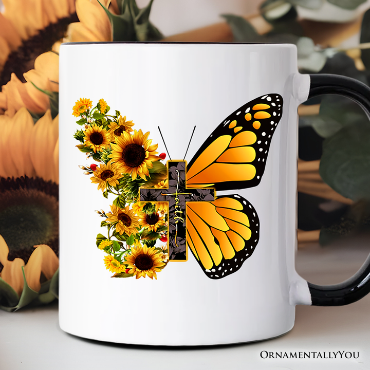 Faith Cross Butterfly Mug, Christian Sunflower Floral Gift