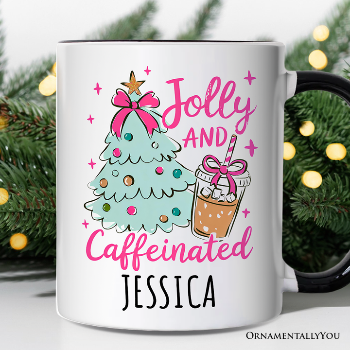 Jolly and Caffeinated Christmas Personalized Mug, Retro Coquette Coffee Holiday Gift with Custom Name