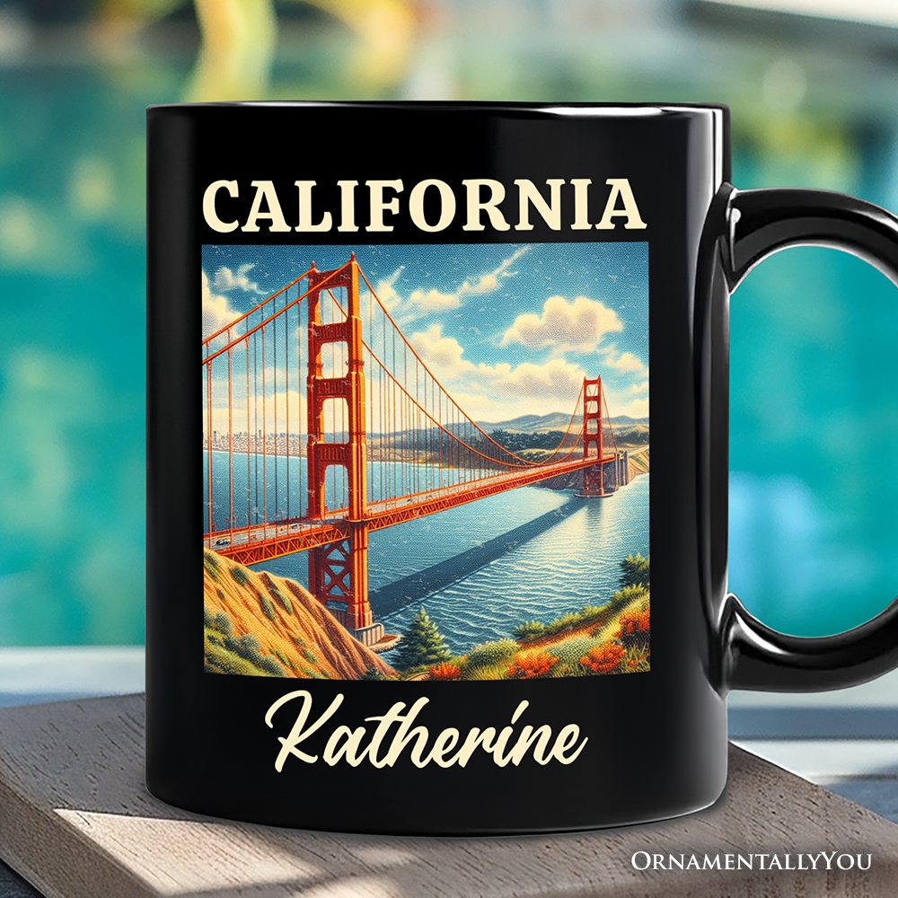 Classic California State Golden Gate Bridge Personalized Mug, San Francisco Bay Gift and Coastal Landmark Souvenir with Custom Name Personalized Ceramic Mug OrnamentallyYou Black Customized 