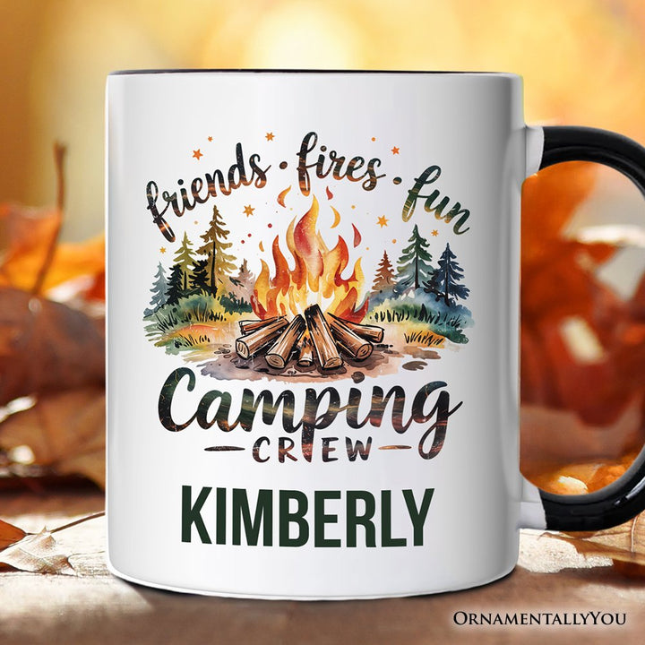 Camping Crew Campfire Personalized Mug, Friends Fires Fun Outdoor Gift with Custom Name Personalized Ceramic Mug OrnamentallyYou Black Handle Customized 