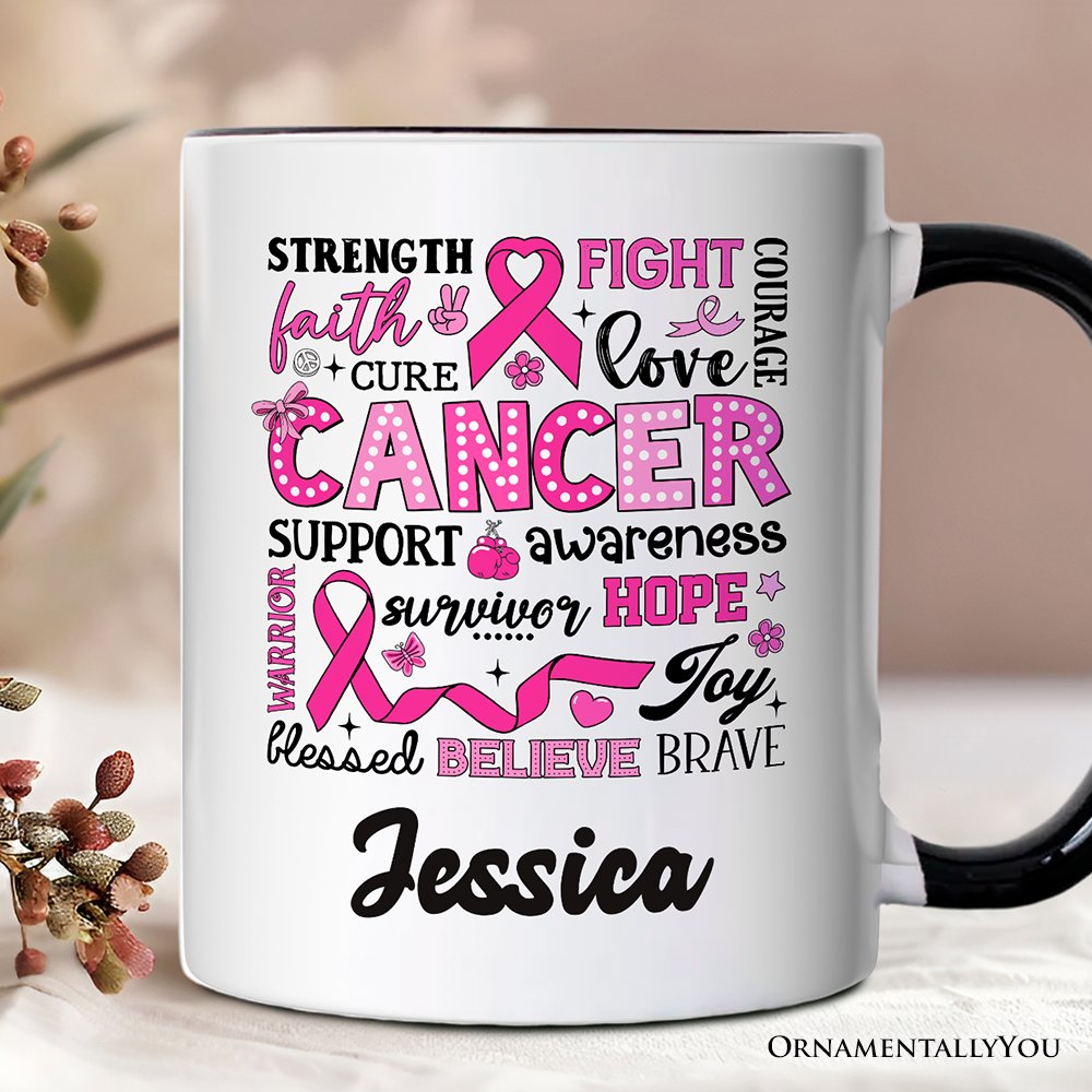 Breast Cancer Awareness Ribbon Personalized Mug, In October We Wear Pink Support Gift with Custom Name Personalized Ceramic Mug OrnamentallyYou White - Black Customized 