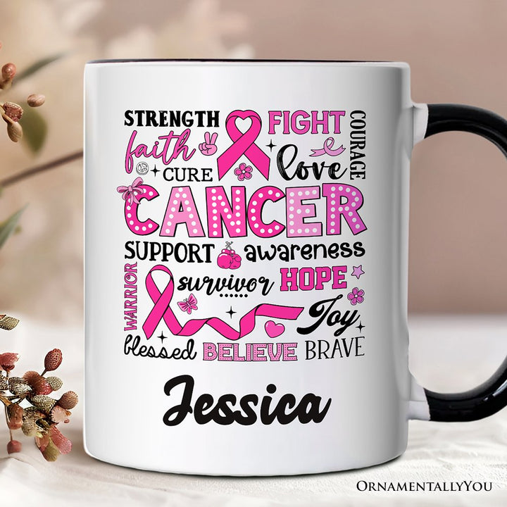 Breast Cancer Awareness Ribbon Personalized Mug, In October We Wear Pink Support Gift with Custom Name Personalized Ceramic Mug OrnamentallyYou White - Black Customized 