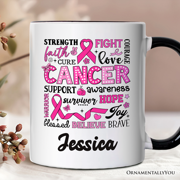 Breast Cancer Awareness Ribbon Personalized Mug, In October We Wear Pink Support Gift with Custom Name