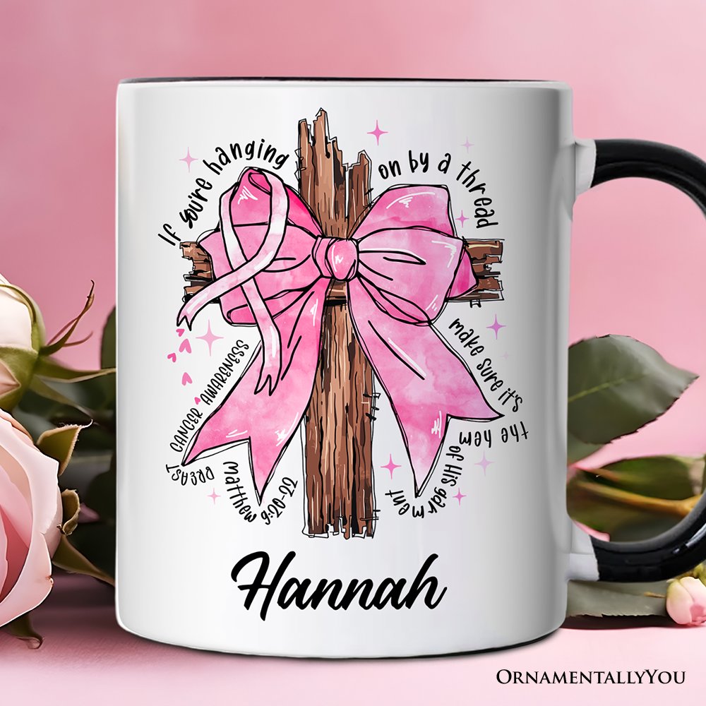 Breast Cancer Pink Bow Cross Personalized Mug, Awareness Faith Christian Gift with Custom Name Personalized Ceramic Mug OrnamentallyYou White - Black Customized 