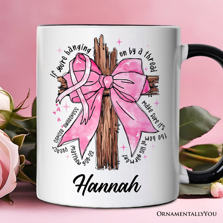 Breast Cancer Pink Bow Cross Personalized Mug, Awareness Faith Christian Gift with Custom Name Personalized Ceramic Mug OrnamentallyYou White - Black Customized 