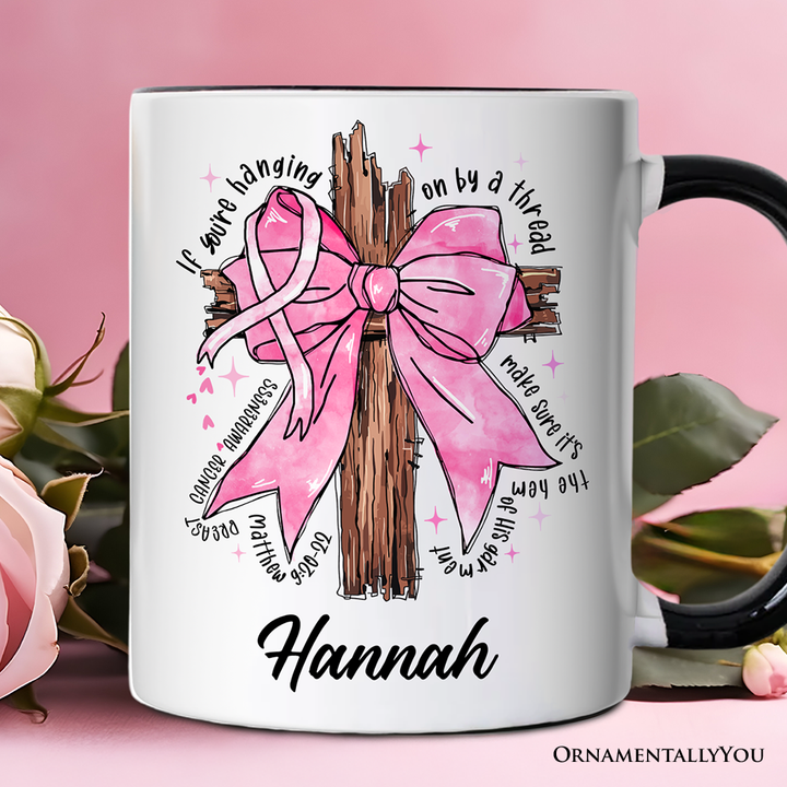 Breast Cancer Pink Bow Cross Personalized Mug, Awareness Faith Christian Gift with Custom Name