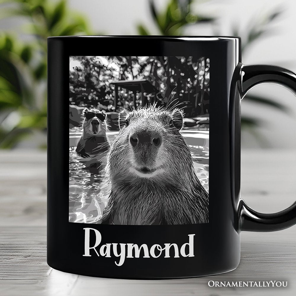 Capybara Selfie Funny Personalized Mug, Meme Animal Photo Style Gift with Custom Name Personalized Ceramic Mug OrnamentallyYou Black Customized 