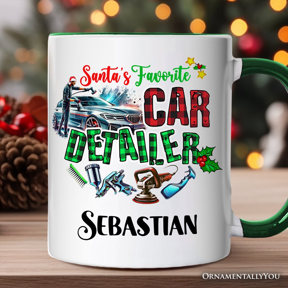 Santa's Favorite Car Detailer Personalized Mug, Christmas Appreciation Gift for Auto Detailing Experts with Custom Name Personalized Ceramic Mug OrnamentallyYou White - Green Customized 