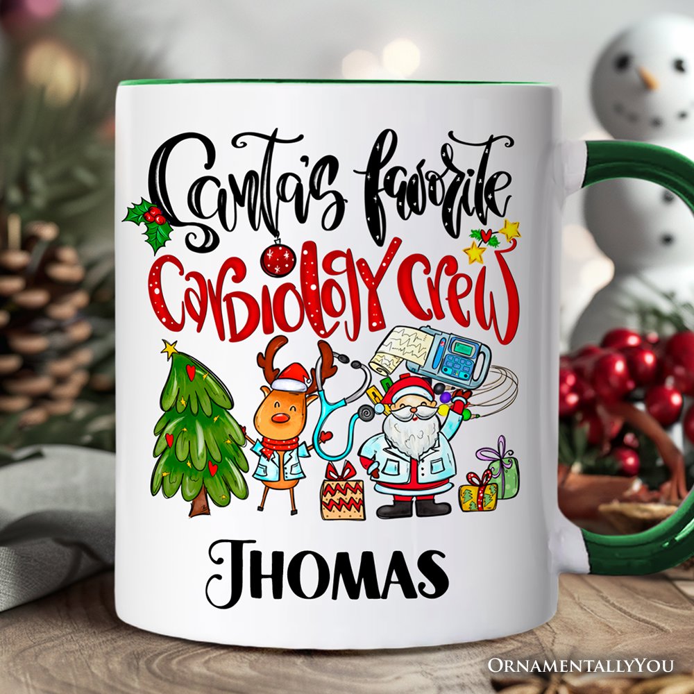Santa's Favorite Cardiology Crew Personalized Mug, Heart Health Christmas Gift with Custom Name Personalized Ceramic Mug OrnamentallyYou Green Handle Customized 