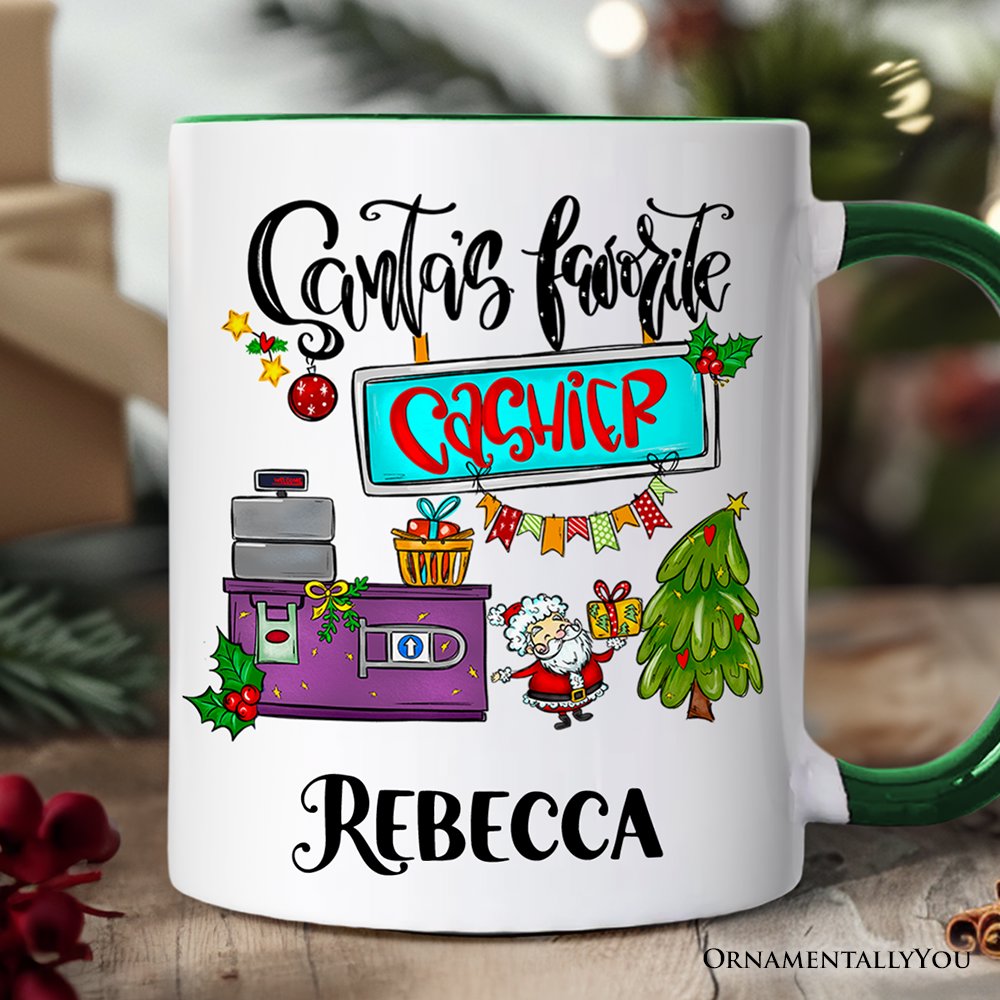 Santa's Favorite Cashier Personalized Mug, Christmas Appreciation Gift with Custom Name Personalized Ceramic Mug OrnamentallyYou Green Handle Customized 