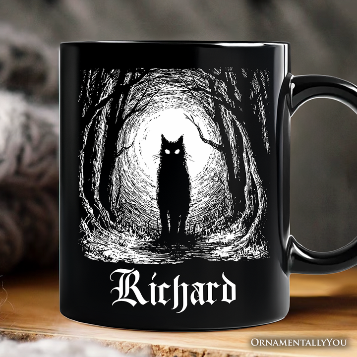 Haunted Forest Black Cat Personalized Mug, Spooky Halloween Night Gift with Custom Name
