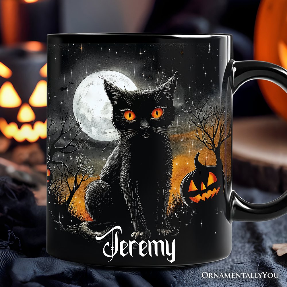 Cat Night Halloween Personalized Mug, Spooky Horror Gift with Custom Name Personalized Ceramic Mug OrnamentallyYou Black Customized 