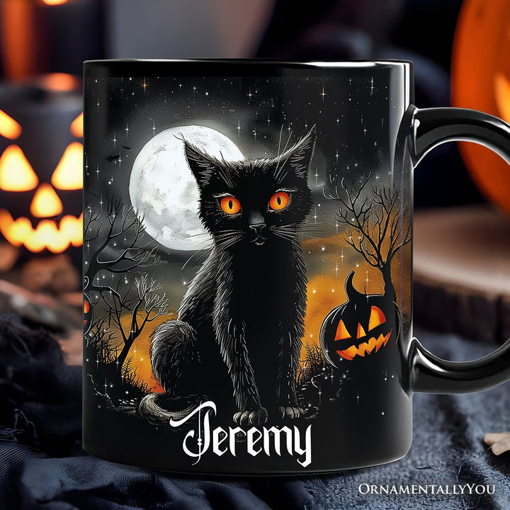 Cat Night Halloween Personalized Mug, Spooky Horror Gift with Custom Name Personalized Ceramic Mug OrnamentallyYou Black Customized 