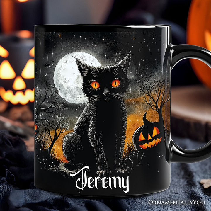 Cat Night Halloween Personalized Mug, Spooky Horror Gift with Custom Name