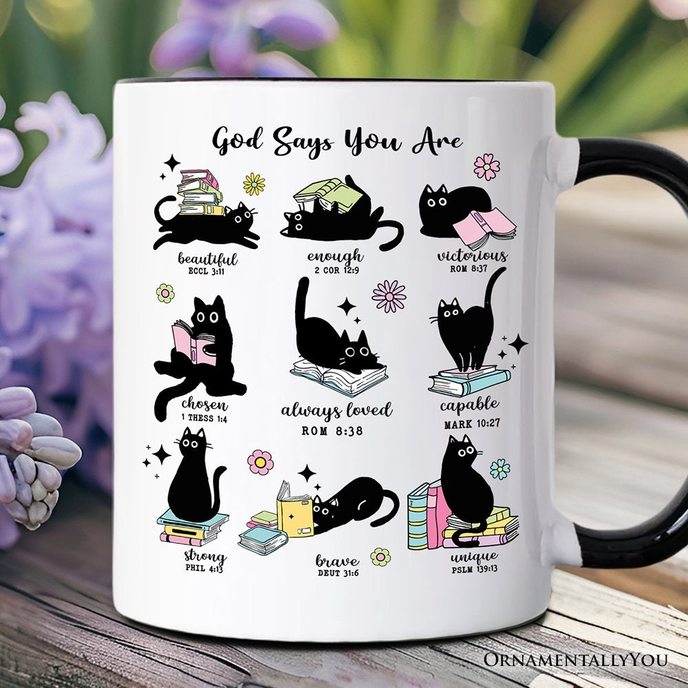 Book Cat God Says I Am Mug, Christian Bible Verse Faith Gift Personalized Ceramic Mug OrnamentallyYou Black Handle Non-Custom 