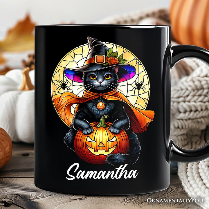 Enchanted Cat Witch Stained Glass Style Personalized Mug, Halloween Themed Gift with Custom Name Personalized Ceramic Mug OrnamentallyYou Black Customized 