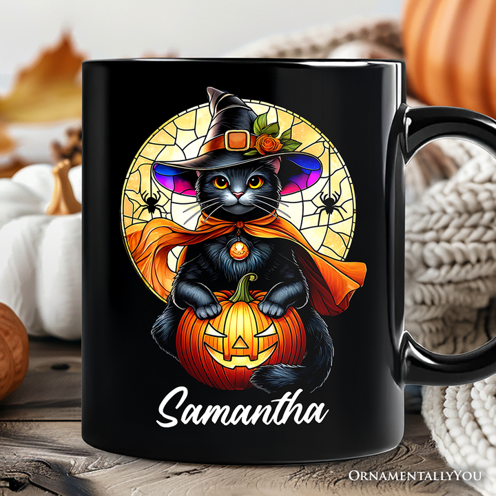 Enchanted Cat Witch Stained Glass Style Personalized Mug, Halloween Themed Gift with Custom Name