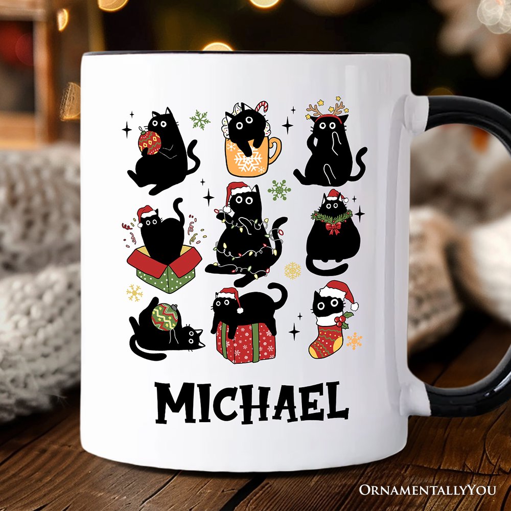 Christmas Black Cats Personalized Mug, Whimsical Cats with Santa Hat Gift with Custom Name Personalized Ceramic Mug OrnamentallyYou White - Black Customized 