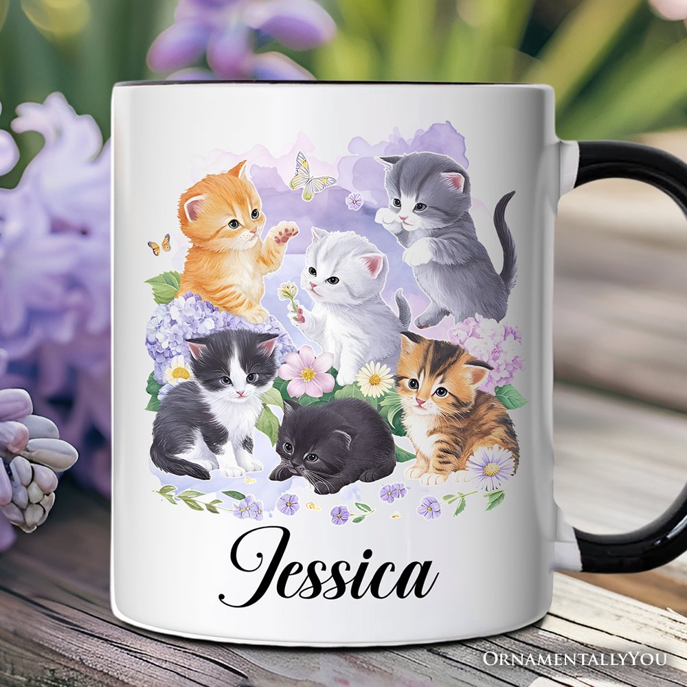 Cute Baby Cats Wildflower Personalized Mug, Cottagecore Botanical Cat Gift with Custom Name Personalized Ceramic Mug OrnamentallyYou Black Handle Customized 