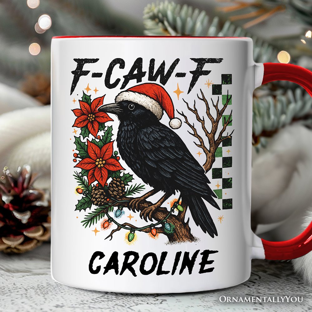 F-CAW-F Christmas Raven Personalized Mug, Holiday Crow Festive Gift with Custom Name Personalized Ceramic Mug OrnamentallyYou White - Red Customized 