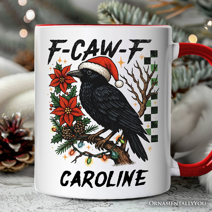 F-CAW-F Christmas Raven Personalized Mug, Holiday Crow Festive Gift with Custom Name Personalized Ceramic Mug OrnamentallyYou White - Red Customized 