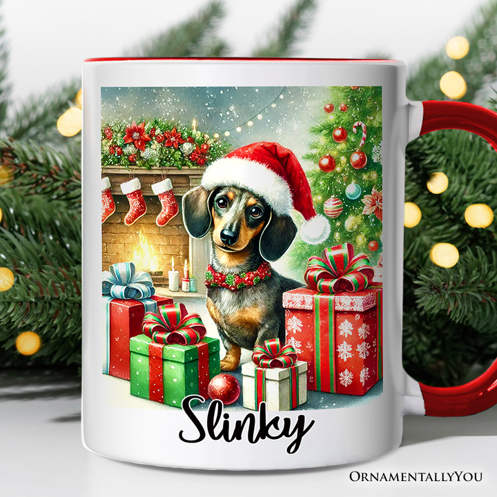 Festive Dachshund Delight Personalized Mug, Joyful Christmas Gift with Custom Name