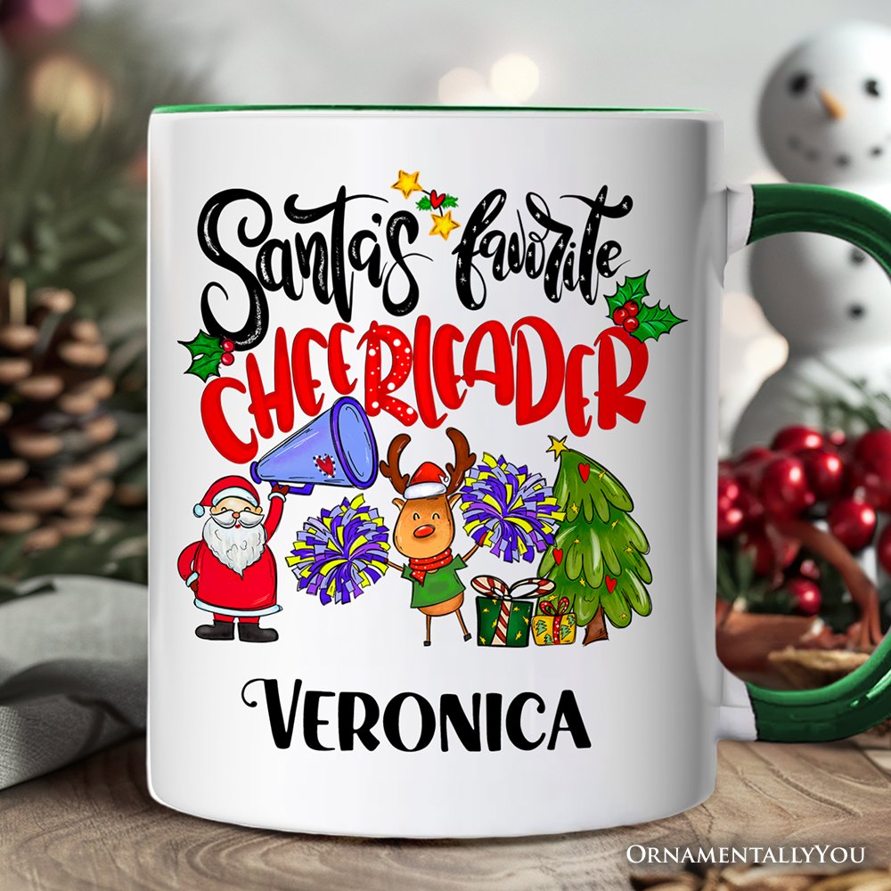 Santa’s Favorite Cheerleader Christmas Personalized Mug, Sports Appreciation Gift with Custom Name Personalized Ceramic Mug OrnamentallyYou White - Green Customized 