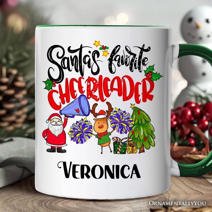 Santa’s Favorite Cheerleader Christmas Personalized Mug, Sports Appreciation Gift with Custom Name Personalized Ceramic Mug OrnamentallyYou White - Green Customized 