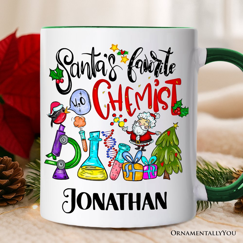 Santa's Favorite Chemist Personalized Mug, Chemistry Gift with Custom Name Personalized Ceramic Mug OrnamentallyYou Green Handle Customized 