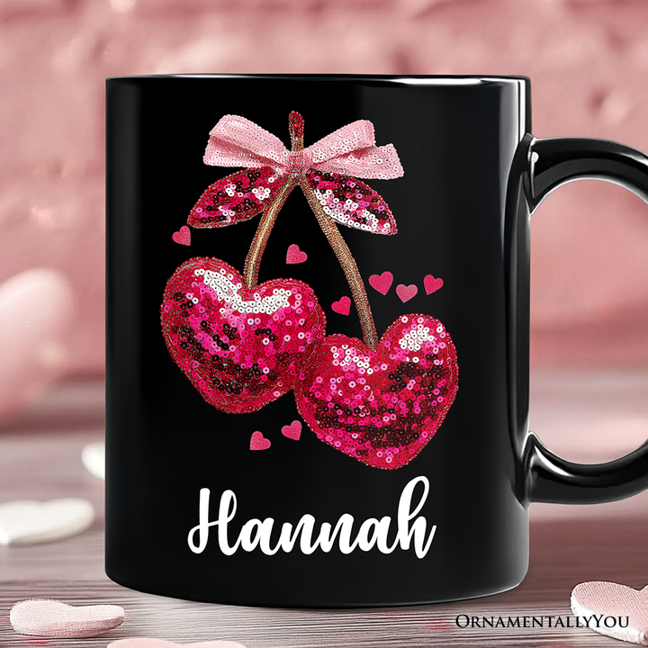 Sequin Pink Cherry Heart Valentine Personalized Mug, Mood for Love Coquette Gift with Custom Name