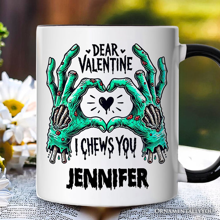 Zombie Valentine Hands I Chews You Personalized Mug, Funny Horror Spring Gift with Custom Name Personalized Ceramic Mug OrnamentallyYou White - Black Customized 
