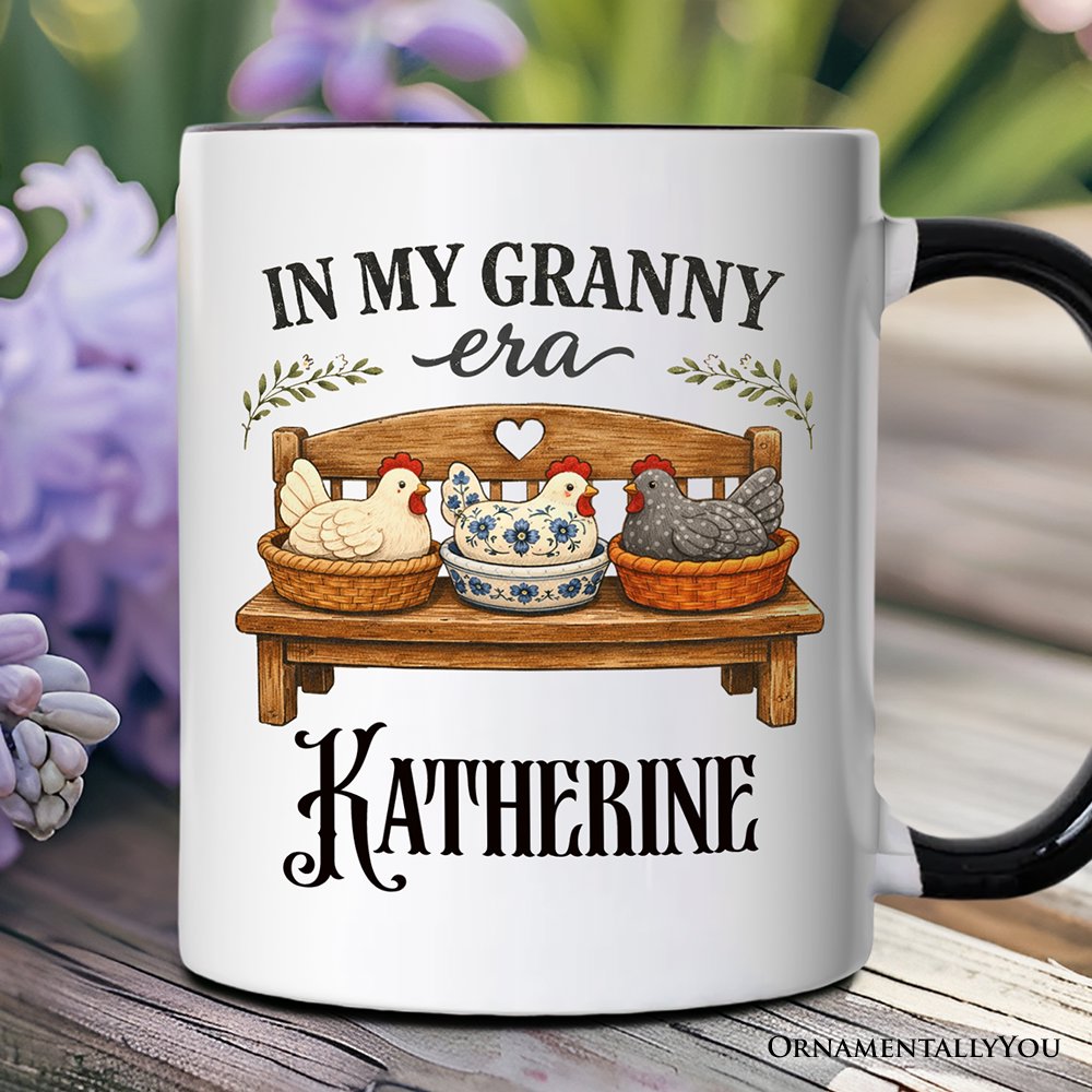 In My Granny Era Chicken Vintage Personalized Mug, Cozy Farmhouse Country Grandma Gift with Custom Name Personalized Ceramic Mug OrnamentallyYou Black Handle Customized 