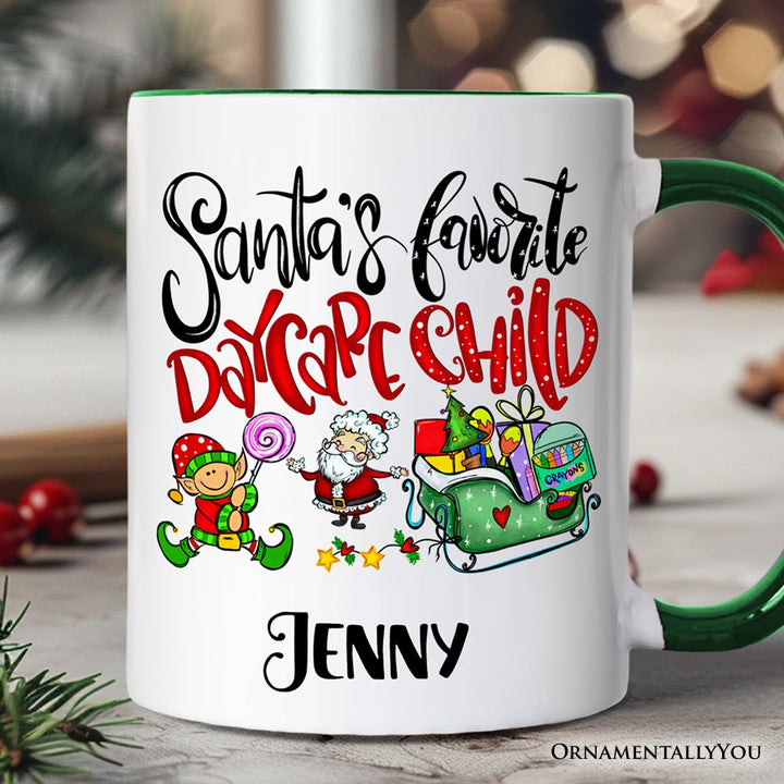 Santa's Favorite Daycare Child Personalized Mug, Christmas Holiday Gift with Custom Name Personalized Ceramic Mug OrnamentallyYou Green Handle Customized 