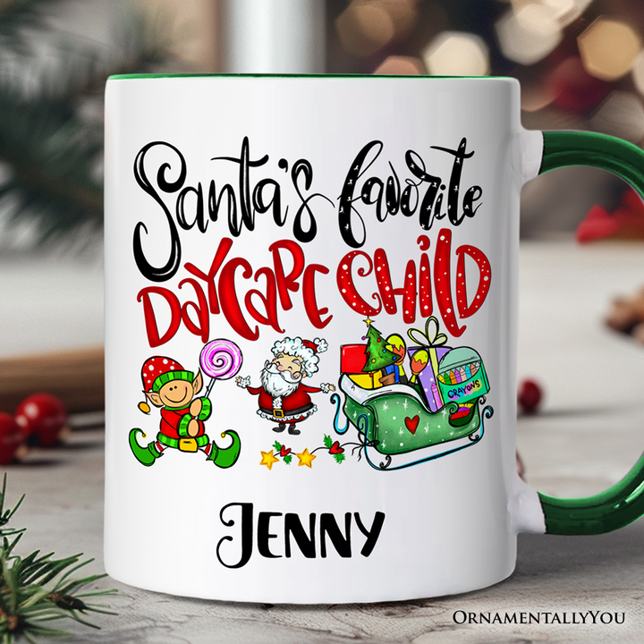 Santa's Favorite Daycare Child Personalized Mug, Christmas Holiday Gift with Custom Name