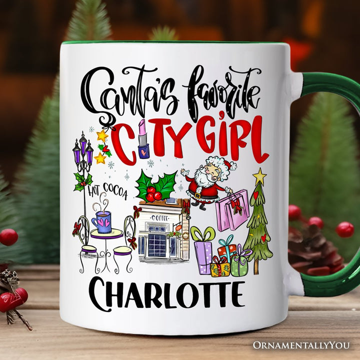 Santa's Favorite City Girl Personalized Mug, Urban Lifestyle Christmas Gift with Custom Name Personalized Ceramic Mug OrnamentallyYou Green Handle Customized 