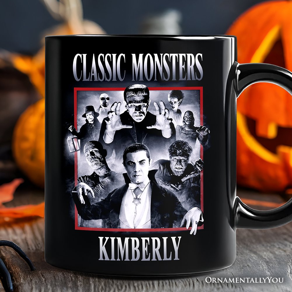 Classic Monsters Black and White Personalized Mug, Retro Vintage Horror Gift with Custom Name Personalized Ceramic Mug OrnamentallyYou Black Customized 