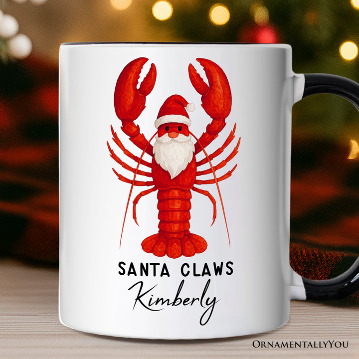 Santa Claws Lobster Personalized Mug, Funny Pun Coastal Christmas Holiday Gift with Custom Name