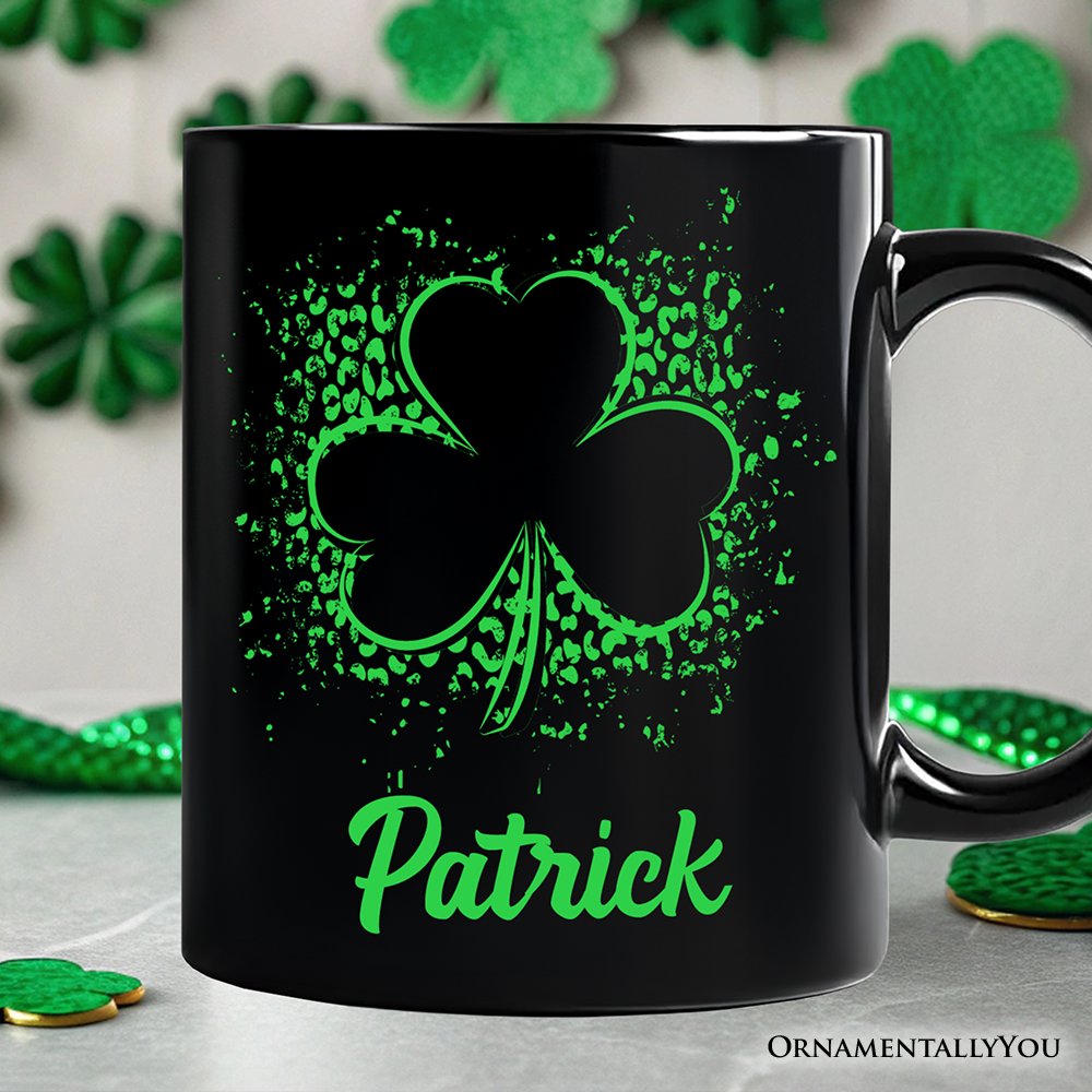 Splatter Shamrock Silhouette St Patrick’s Day Personalized Mug, Retro Lucky Clover Gift with Custom Name Personalized Ceramic Mug OrnamentallyYou Black Customized 