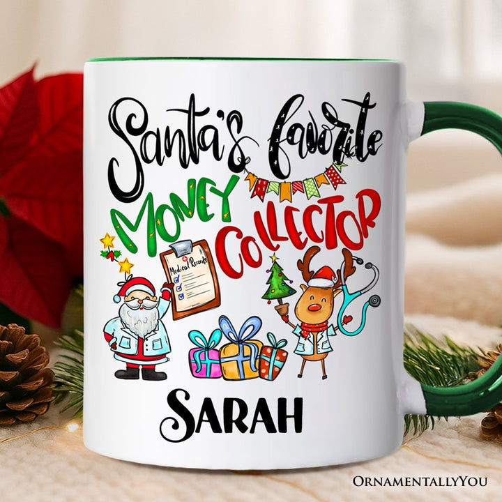 Santa's Favorite Money Collector Personalized Mug, Finance Specialists Christmas Gift with Custom Name Personalized Ceramic Mug OrnamentallyYou Green Handle Customized 