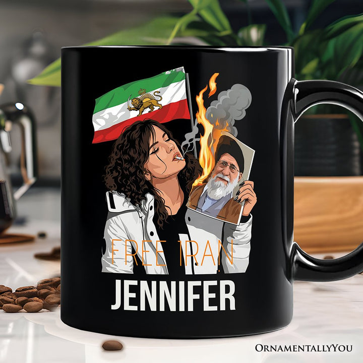 Free Iran Protest Personalized Mug, Lion and Sun Flag Persian Freedom Activist Gift with Custom Name OrnamentallyYou Black Customized 