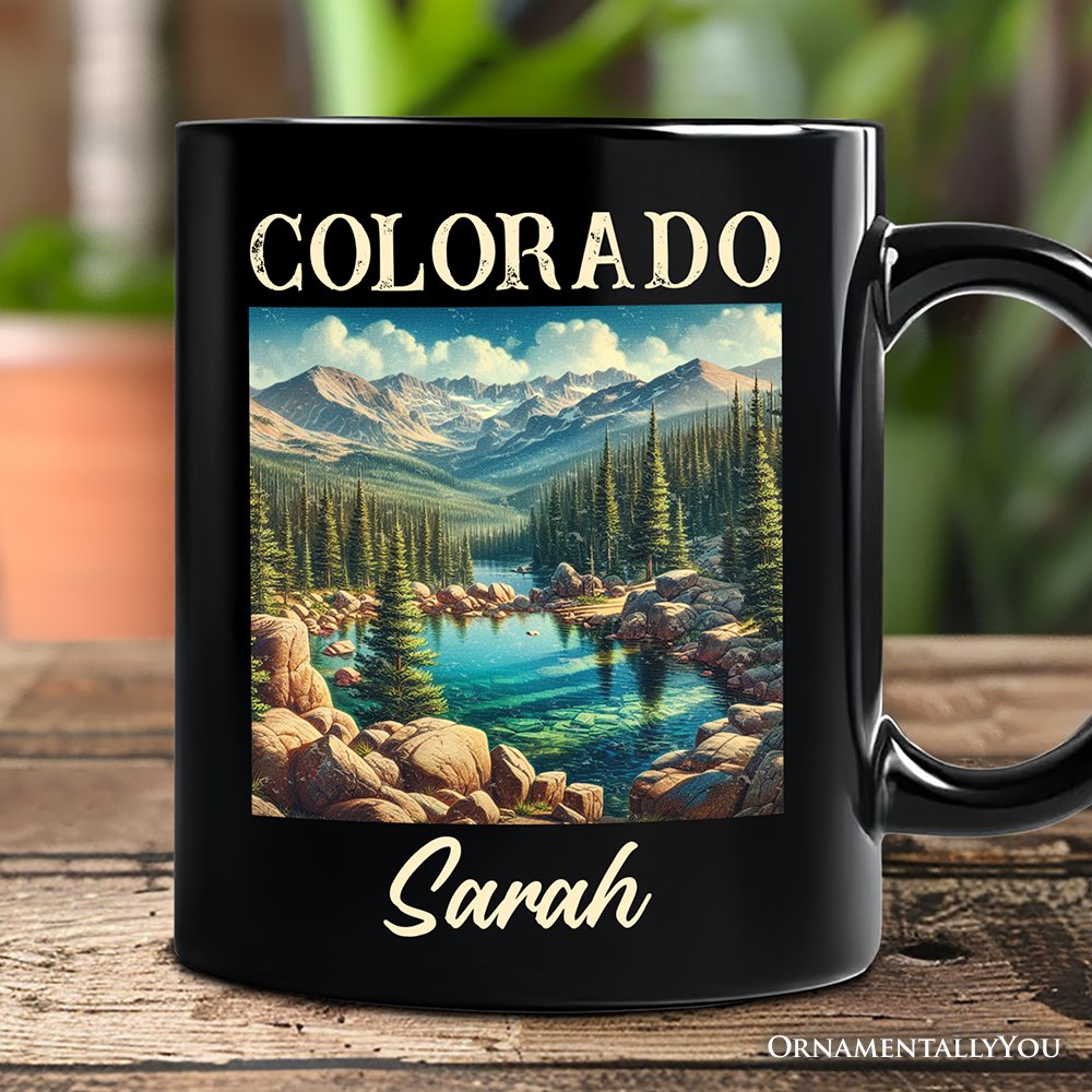 Vintage Colorado State Wilderness Personalized Mug, Alpine Lake Gift and Rocky Mountains Keepsake Souvenir with Custom Name Personalized Ceramic Mug OrnamentallyYou Black Customized 