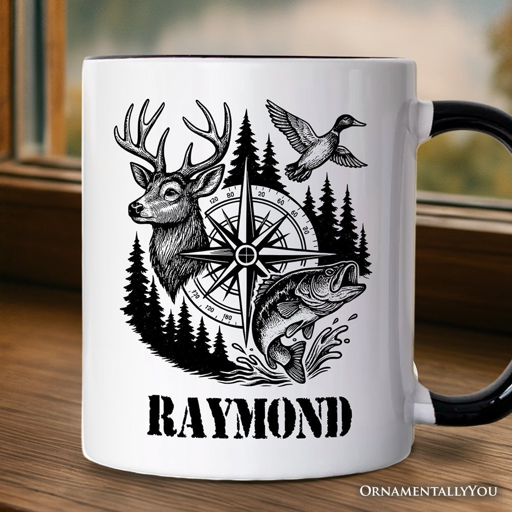 Deer Duck Fishing Hunting Personalized Mug, Camo Vintage Compass Outdoors Gift with Custom Name Personalized Ceramic Mug OrnamentallyYou Black Handle Customized 