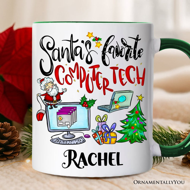 Santa's Favorite Computer Tech Personalized Mug, Technology Christmas Gift with Custom Name Personalized Ceramic Mug OrnamentallyYou Green Handle Customized 